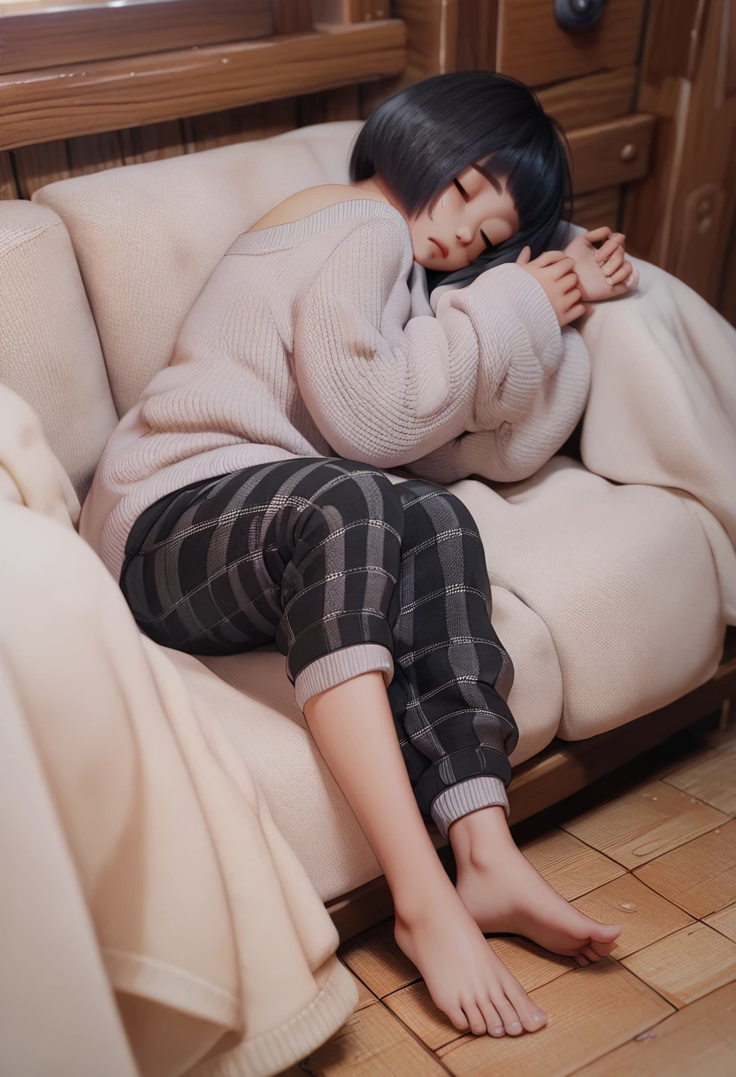 3D render of girl, Yanfei, yanfeidef, white oversized knit sweater, black plaid sweatpants, barefoot, sleeping on couch, cozy, no hat, night cabin