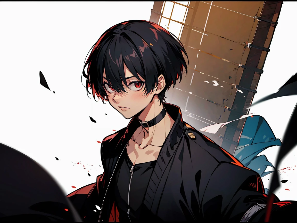 rekkyou sensen,rekkyo sensen, hasuichi nishizono, short hair, black hair, red eyes, boy, male, anime,1boy, bangs, hair between eyes, jacket, looking at viewer, male focus, solo, zipper, black clothes, black gloves, upper body, silver choker, shanghai, china