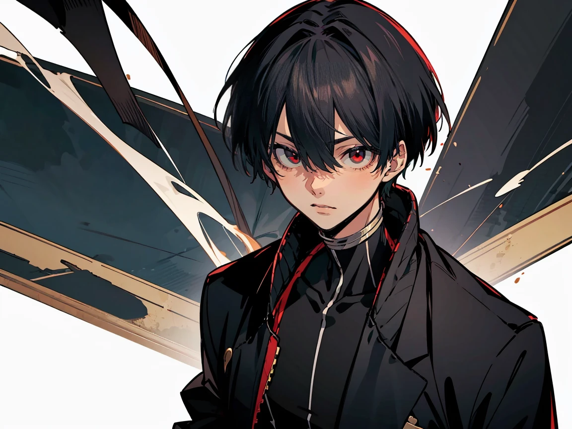 rekkyou sensen,rekkyo sensen, hasuichi nishizono, short hair, black hair, red eyes, boy, male, anime,1boy, bangs, hair between eyes, jacket, looking at viewer, male focus, solo, zipper, black clothes, black gloves, upper body, silver choker, shanghai, china