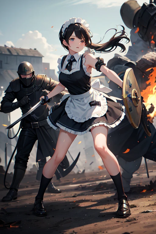 ((Highest quality)), ((masterpiece)), ((detailed)), One girl, cute, 
Fighting with a sword and shield, Classic maid outfit, 
The skirt is long, Burning Battlefield, Western sword, A strong enemy in front of me, The clothes are dirty, My whole body is torn apart, My clothes are dirty with soot and mud, My clothes are torn, 