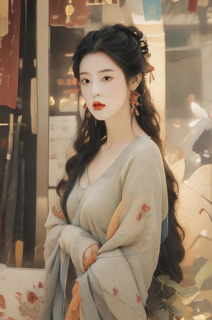 1 Girl,Jewelry,Solitary,earrings,Long hair,Black Hair,breast,Hair accessories,necklace,Looking at the audience,flower,Upper Body,Long sleeve,Chinese clothes,Place your hands on your chest,Lips,skirt,Practical,medium breast,Weaving,black eyes,Hanfu,