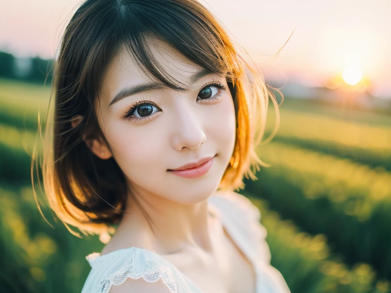 Japanese beautiful girl, ((Fisheye Lens, )) wind, sunset, Wheat field、, (Aesthetics and atmosphere:1.2),Smiling beautiful woman、8K、ultra HD、woman1 person((highest quality, 8K, masterpiece: 1.3)), woman (Wearing a white dress), Dancing,Sharp focus: 1.2, cute woman: 1.4, (((Random hairstyle)), Highly detailed face、skin、Hair Texture, detailed eyes, double eyelid, White skin, Beautiful and delicate nose, Cute young Japanese woman, 28 years old, At a dynamic angle, Pleasant to the eye、Thought-provoking composition, Emphasize the subject&#39;s hair,  Words and actions, The muted tones and contrast of light and shadow create a melancholic feeling.,