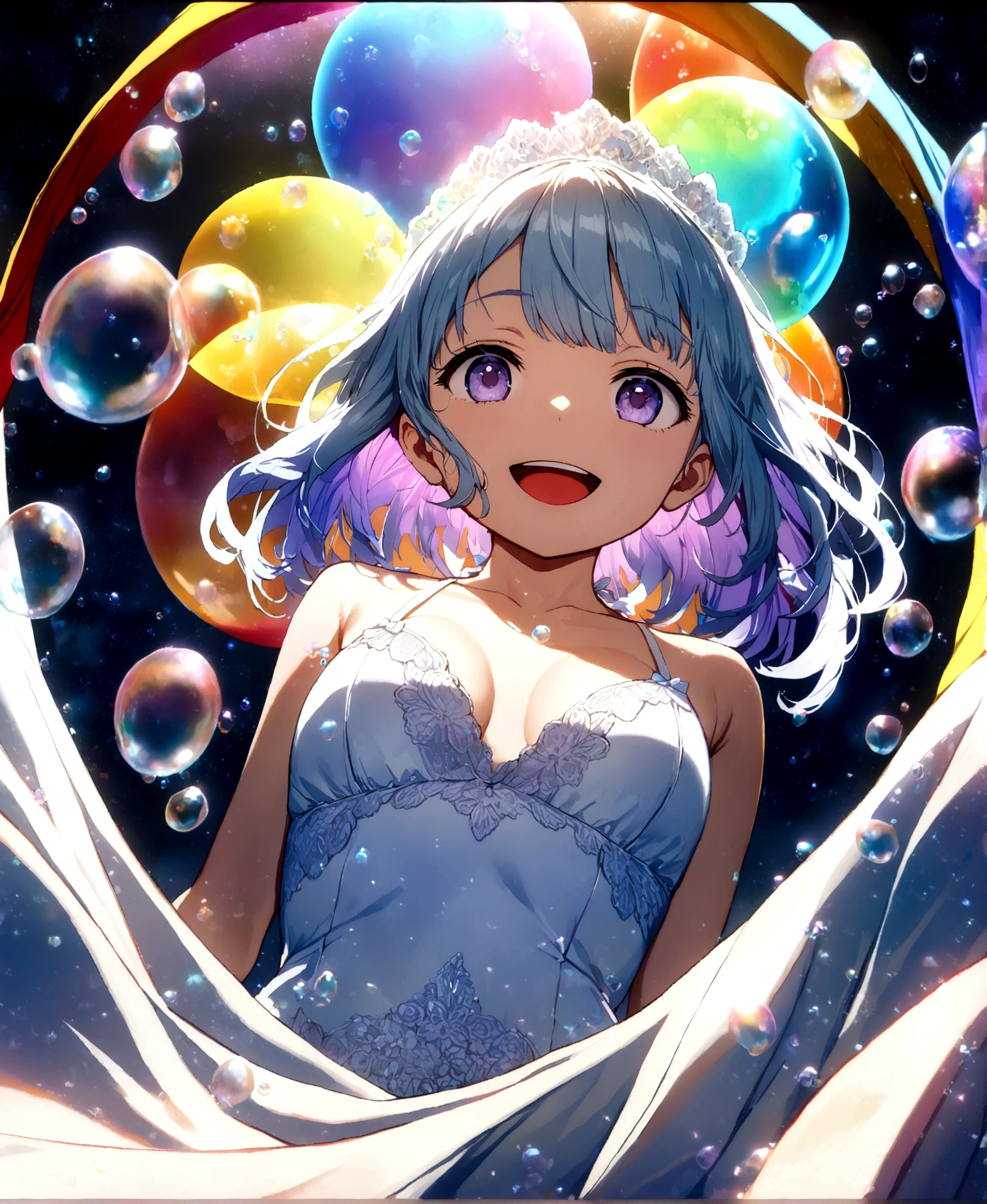 ((32k)), ((best quality)), ((ultra high res)), ((HDR)), ((UHD)), ((extremely detailed CG)), ((unity 32k wallpaper)), (((beautiful child))), ((())), (((beautiful face))), (((white bikini))), ((((Wedding dress)))), light blue hair, purple eyes, ((cowboy shot)), ((((lots of floating bubbles)))), ((((colorful floating bubbles)))), ((((close up)))), (((night))), (((large breasts))), (((open mouth))), ((((body floating)))), (peer in from below), (smile),