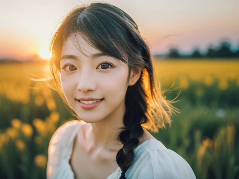 Japanese beautiful girl, ((Fisheye Lens, )) wind, sunset, Wheat field、, (Aesthetics and atmosphere:1.2),Smiling beautiful woman、8K、ultra HD、woman1 person((highest quality, 8K, masterpiece: 1.3)), woman (Wearing a white dress), Dancing,Sharp focus: 1.2, cute woman: 1.4, (((Random hairstyle)), Highly detailed face、skin、Hair Texture, detailed eyes, double eyelid, White skin, Beautiful and delicate nose, Cute young Japanese woman, 28 years old, At a dynamic angle, Pleasant to the eye、Thought-provoking composition, Emphasize the subject's hair, Words and actions, The muted tones and contrast of light and shadow create a melancholic feeling.,
