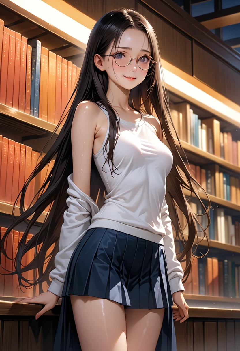 ((masterpiece,Highest quality;1.3,best illustration,realistic)),Being forced to expose your underwear、1woman、独奏,25 year old Japanese beauty,((very small head:1.3)),(center parted bangs,forehead),black hair,long hair,black eyes,gorgeous eyes,tears,shy,sad,medium breasts,((very long body)),((toned body,slender body,skinny)),gleaming skin,shiny skin,oily skin,sweat,(White tank top、No sleeve、Dark blue pleated mini skirt、A rolled up skirt)、White panties、library、Tokyo、