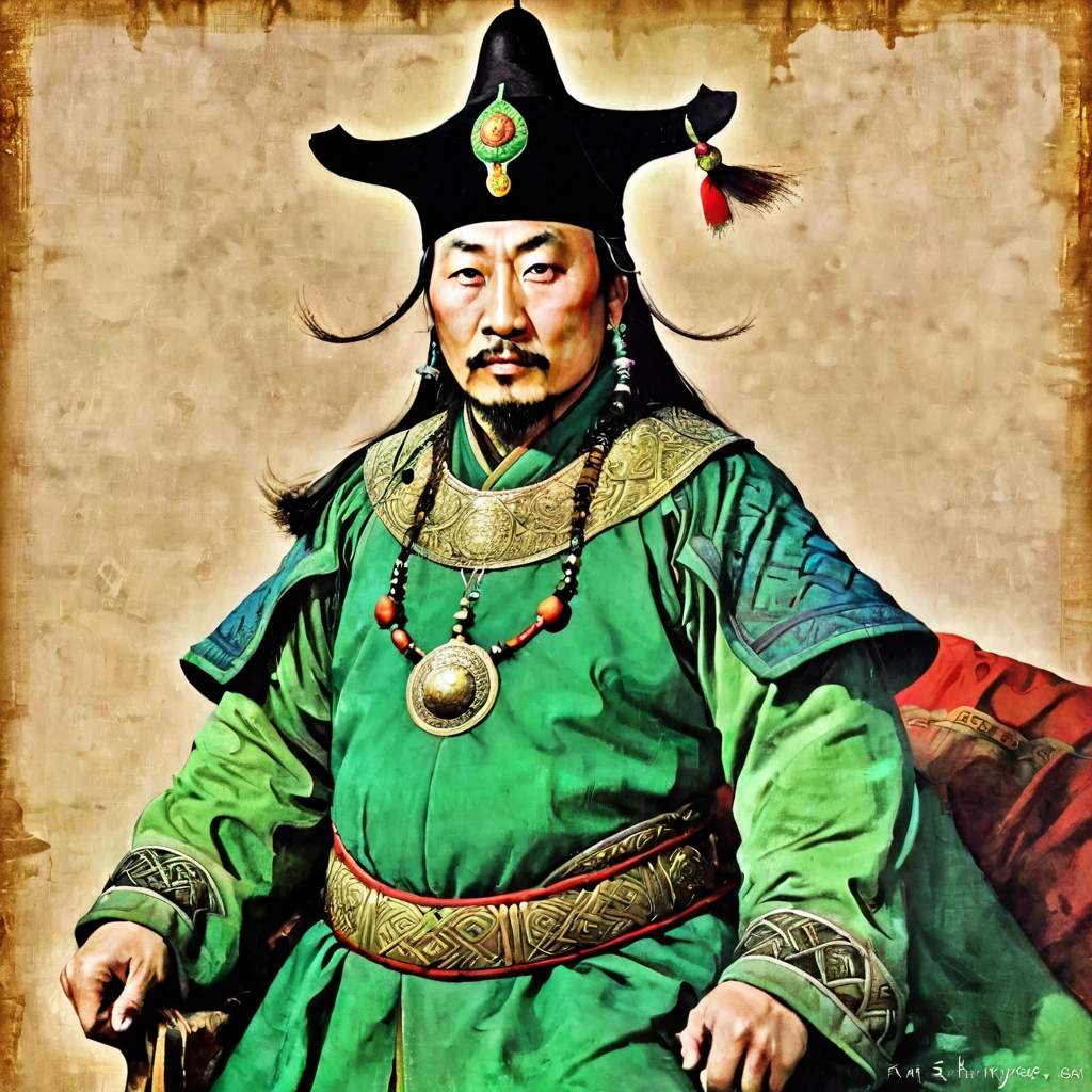 arafed man in a green coat and a black hat, a digital rendering inspired by Wu Bin, flickr, shin hanga, mongol, genghis khan, photo of genghis khan, ancient mongolian elon musk, zhang daqian, kazakh empress, mongolia, pan ren wei, portrait of emperor of mankind, zhang yimou, feng shu