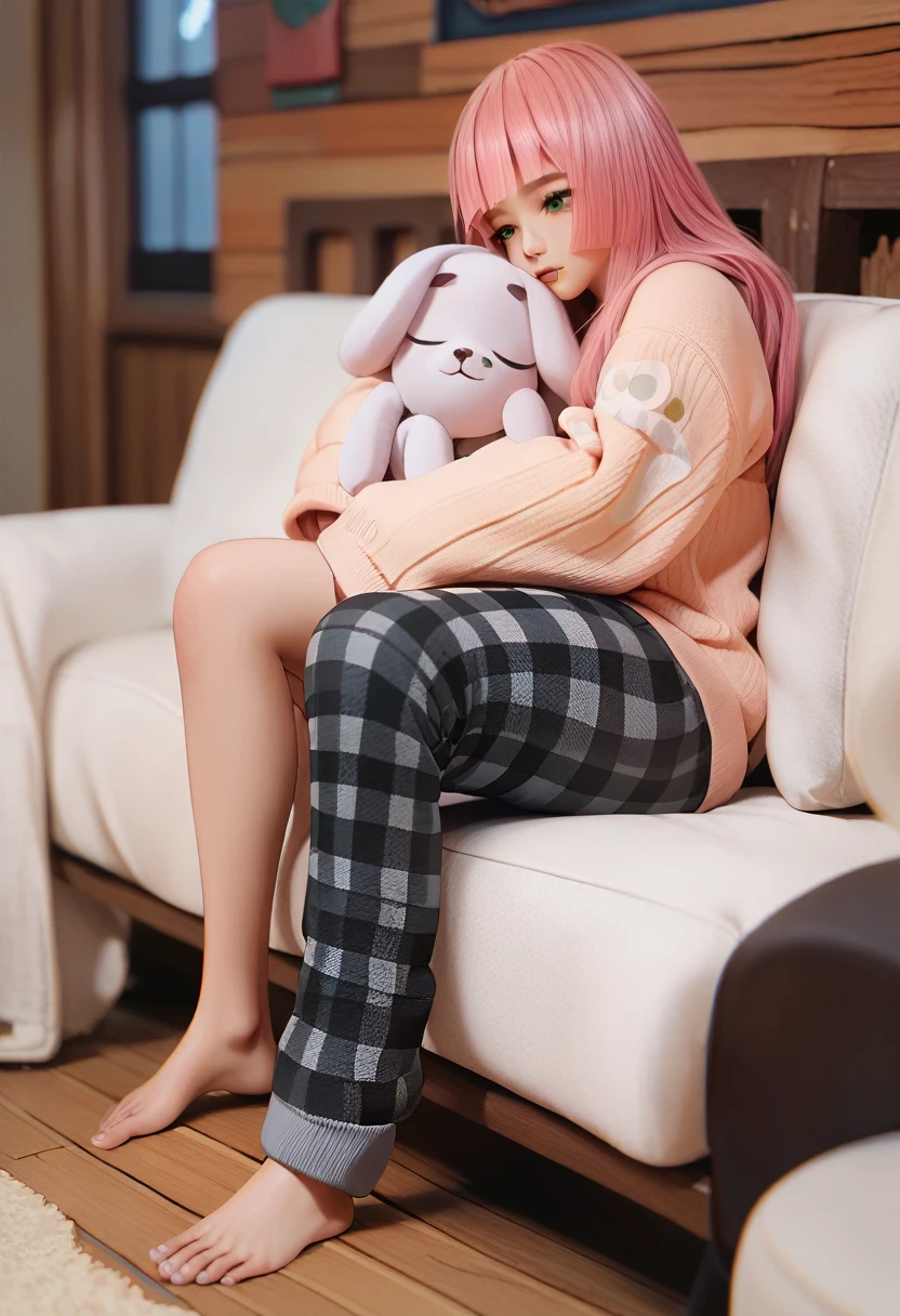 3D render of girl, Yanfei, yanfeidef, white oversized knit sweater, black plaid sweatpants, barefoot, sleeping on couch, cozy, no hat, night cabin,  pink hair, green eyes, long hair, 