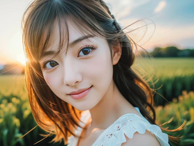 Japanese beautiful girl, ((Fisheye Lens, )) wind, sunset, Wheat field、, (Aesthetics and atmosphere:1.2),Smiling beautiful woman、8K、ultra HD、woman1 person((highest quality, 8K, masterpiece: 1.3)), woman (Wearing a white dress), Dancing,Sharp focus: 1.2, cute woman: 1.4, (((Random hairstyle)), Highly detailed face、skin、Hair Texture, detailed eyes, double eyelid, White skin, Beautiful and delicate nose, Cute young Japanese woman, 28 years old, At a dynamic angle, Pleasant to the eye、Thought-provoking composition, Emphasize the subject's hair, Words and actions, The muted tones and contrast of light and shadow create a melancholic feeling.,