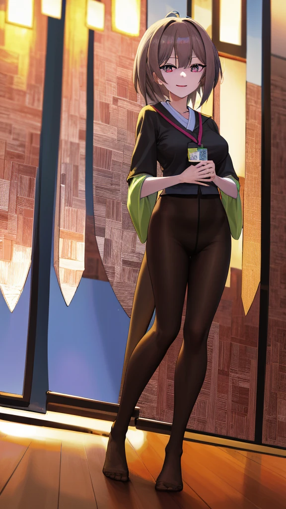 2D, masterpiece, best quality, Japanese cartoons, Highly detailed face, Very detailed eyes, Very detailed background, Perfect lighting, whole body, 1 girl, foot，Pantyhose, ID card, Embarrassing, Smile, Standing, office ，No shoes