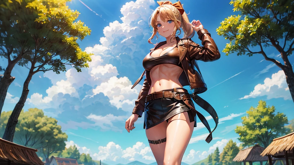 1girl, solo, full body, summer, village, trees, sun, clouds, ((colorful hair)), ponytail, large full breasts, ((brown leather jacket)), ((blue bra)), nipples, blue eyes, skirt, smile, looking at the viewer, standing, hair ribbon, golden necklate
