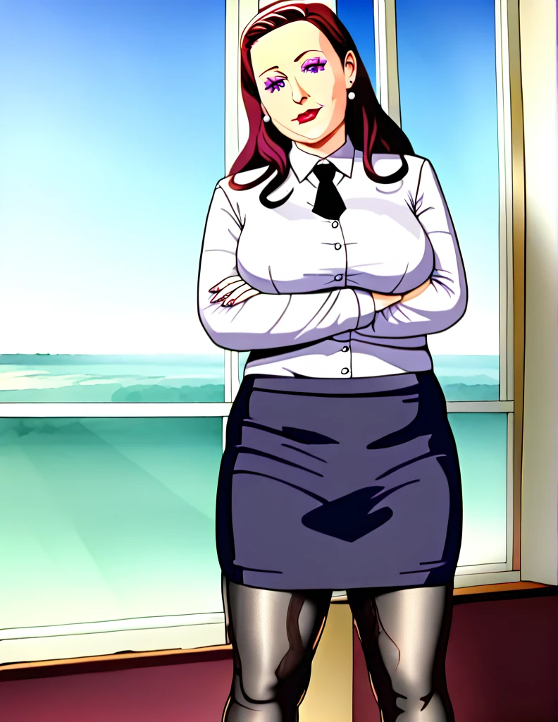 (masterpiece:1.37), best quality, (extremely detailed:1.37), office, window overlooking a bustling cityscape, woman, (mature:1.75), (very long hair:1.25), dark purple hair, purple eyes, (extremely detailed eyes:1.37) shining eyes, breasts, business suit, necktie, (very long pencil skirt:1.5), pantyhose, (wetting herself:1.5), standing, (arms crossed:1.5), (desperation:1.75), dignified, stoic expression, full body, high heels, day, daytime, glow, looking at viewer, perfect composition, Perfect light and shadow, 8K