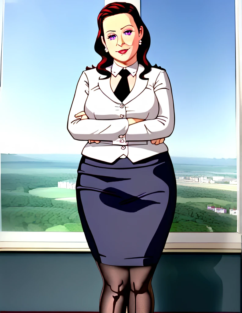 (masterpiece:1.37), best quality, (extremely detailed:1.37), office, window overlooking a bustling cityscape, woman, (mature:1.75), (very long hair:1.25), dark purple hair, purple eyes, (extremely detailed eyes:1.37) shining eyes, breasts, business suit, necktie, (very long pencil skirt:1.5), pantyhose, (wetting herself:1.5), standing, (arms crossed:1.5), (desperation:1.75), dignified, stoic expression, full body, high heels, day, daytime, glow, looking at viewer, perfect composition, Perfect light and shadow, 8K