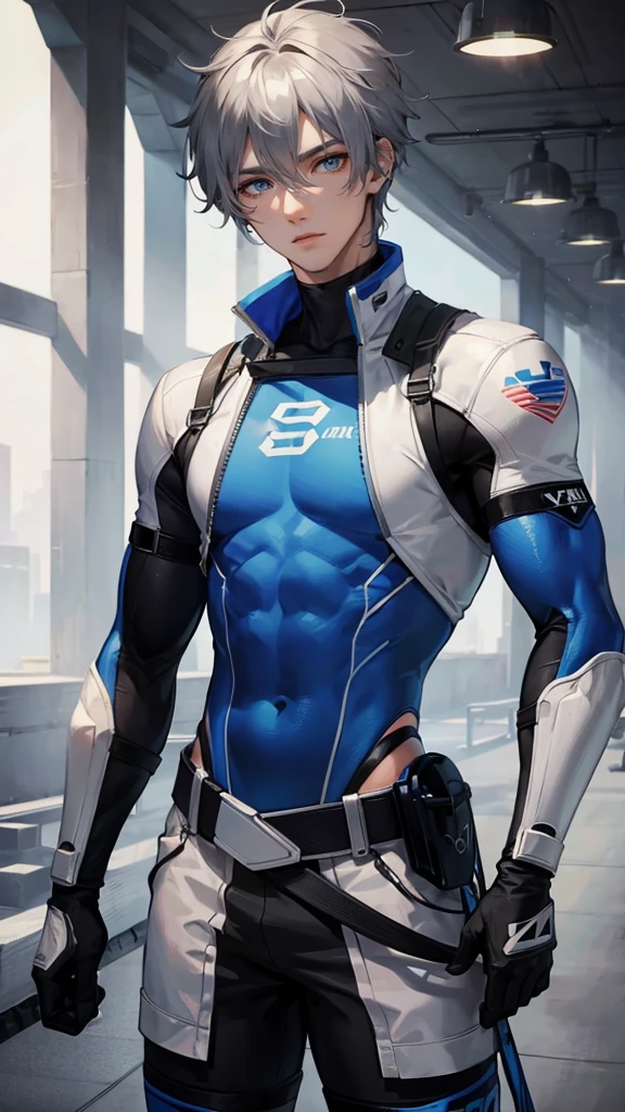 Soper Man suit, body suit, 1boy, Broad shoulders, Tight muscles, handsome, Try to cover your crotch with your hand.,