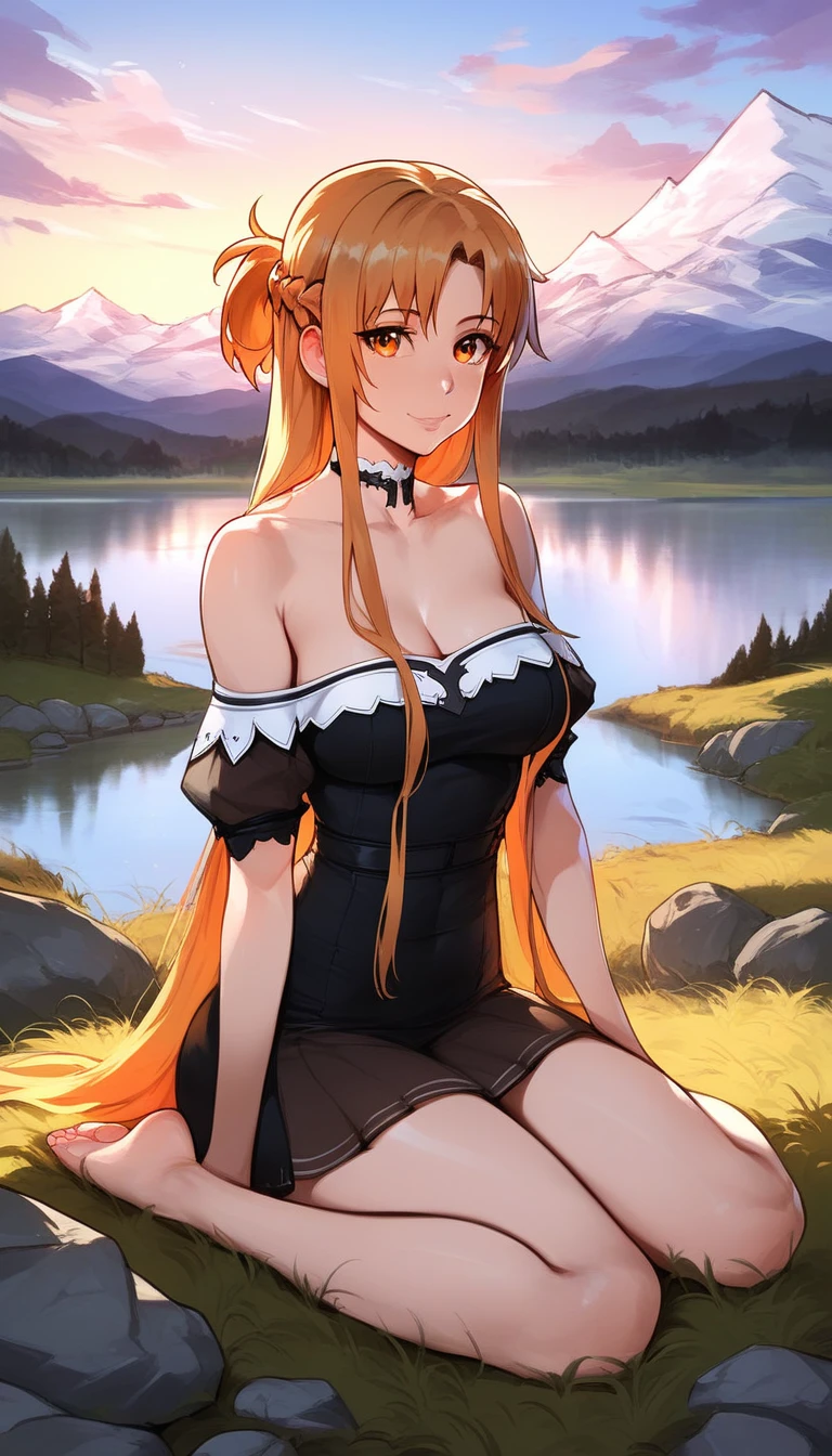 score_9, score_8_up, score_7_up, score_6_up, uncensored, asuna yuuki from sword art online, orange hair, fold, braid, long hair, orange eyes, BREAK (masterpiece:1.2), best quality, high resolution, (detailed eyes:1.3), perfect lighting, (perfect hands, perfect anatomy),1girl, grass, solo, barefoot, sitting, breasts, mountain, sunset, dress, bare_shoulders, outdoors, looking_at_viewer, off_shoulder, field, sky, lake, collarbone, mountainous_horizon, indian_style, twilight, tree, black_dress, large_breasts, scenery, medium_breasts, feet, off-shoulder_dress, rock, 