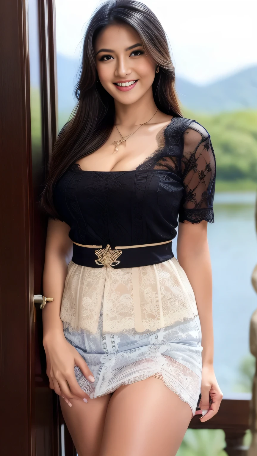 (Best quality, high resolution, Masterpiece: 1.3), an adorable Indonesian woman with a slender figure, (black layered hairstyle), wearing a pendant, ((white lace kebaya_bali, short skirt)), outdoors, sun-tanned lighting, mountains in distant background, details in face and skin texture beautifully rendered, details eyes quality, high resolution, (big puffed breasts, ample cleavage, round hips, hourglass body), thick thighs, double eyelids, blushy