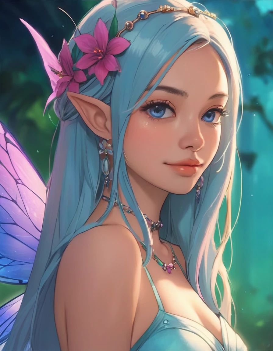 full body portrait of a young shy female elf with pointy ears and white and light blue hair in a white covering her ears and a light leather dress with decorations, sie trägt eine runde Brille, shiny light green eyes, in her hair she is wearing amall colourful flowers as accessories, flower accessories, bright colours, detailed eyes, delicate features, shy glance, long white and blue hair, Sanfte Beleuchtung, in the background is a flowerfield with some trees and shiny colourful butterflies are surrounding her, best quality, 4K, High Resolution, ultradetailliert, realistisch,