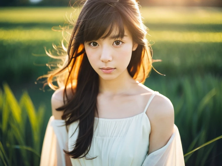  Japanese beautiful girl, Embarrassed look, figure, (Highest quality, Super detailed), front、Gentle lighting, Flowing Hair,one piece、 Delicate features, Dreamy atmosphere、Analog Film Photography、20-year-old、80'、サイバーパンクWindローファイアニメーション、Wind, sunset, Wheat field,