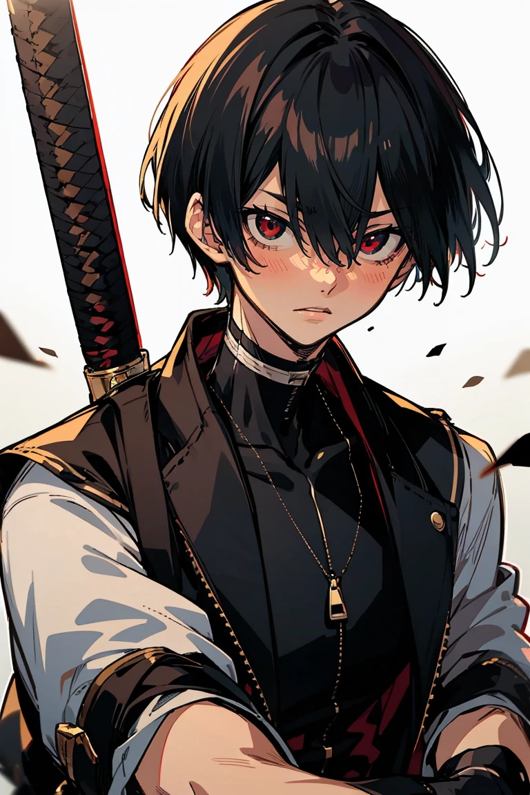 rekkyou sensen,rekkyo sensen, hasuichi nishizono, short hair, black hair, red eyes, boy, male, anime,1boy, bangs, hair between eyes, jacket, looking at viewer, male focus, solo, zipper, black clothes, black gloves, upper body, silver choker, shanghai, china, city