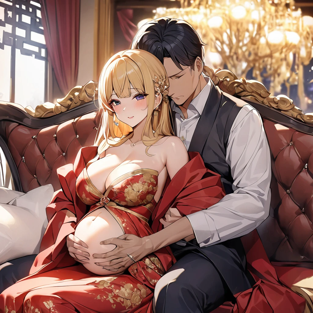 ((Highest quality)), ((masterpiece)), (detailed), （Perfect Face）、The woman is a Chinese woman named Tsukino Usagi, wearing a gorgeous, glittering red wedding dress made of Hanfu with lots of gold embroidery, a gorgeous hair ornament, gorgeous jeweled accessories and an engagement ring. The woman and the man are sitting on a gorgeous, large sofa in a luxurious room, and the woman is being held in the arms of a dignified, strong, middle-aged Chinese man.、The woman is the elegant Tsukino Usagi, a Chinese woman with long blonde hair tied in a chignon twin tail, wearing a red Hanfu wedding dress with gorgeous gold embroidery all over it.、the woman is pregnant