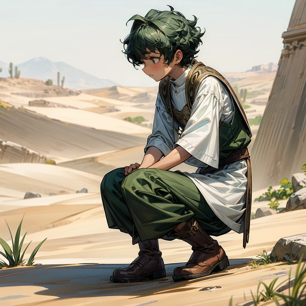 1**********, Full body version, 1character, brown eyes color, dark skin, Curly cut hairstyle, small eyes type, green colour hair, doctor ancient roman clothing style, white color clothing, white Stola, Ancient roman boots, armor vest, Grassroots background in desert