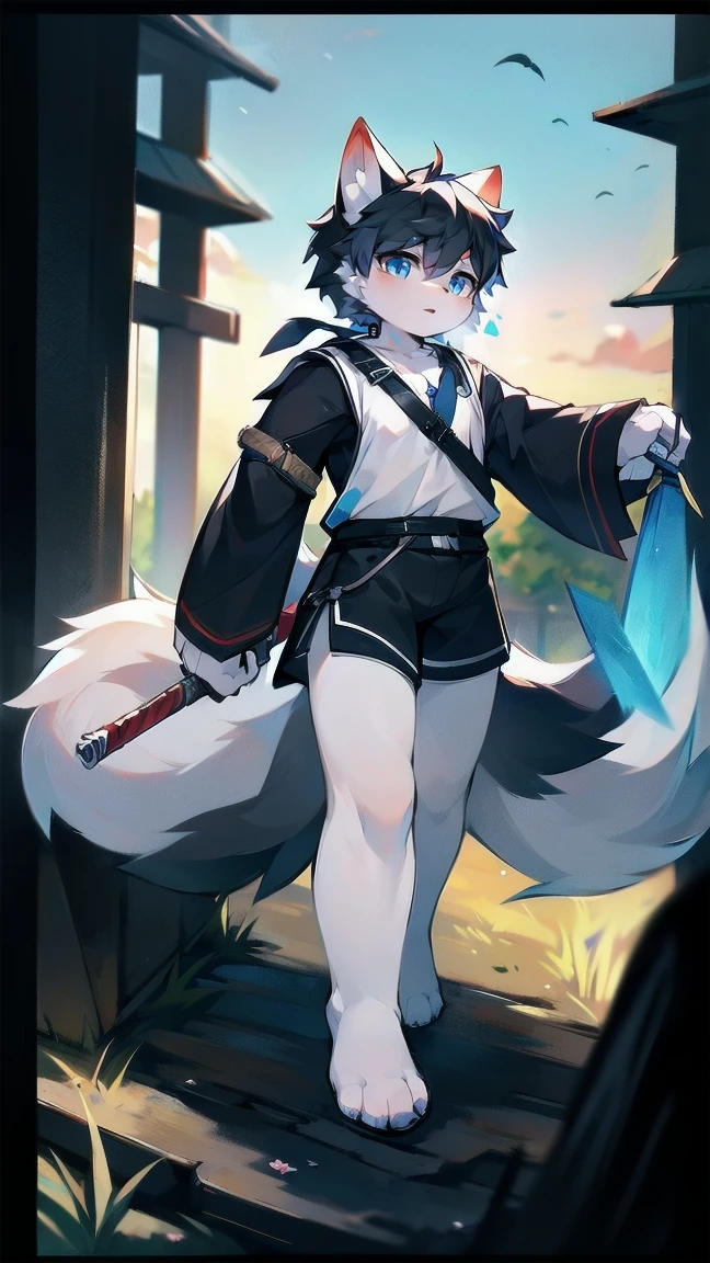one standing alone, name Kuro Kalot, kemono fox, light blue fur, white belly fur, fluffy tail, amber in right eye am crimson in left eye, focus shota body, body cover by fur, focus nake