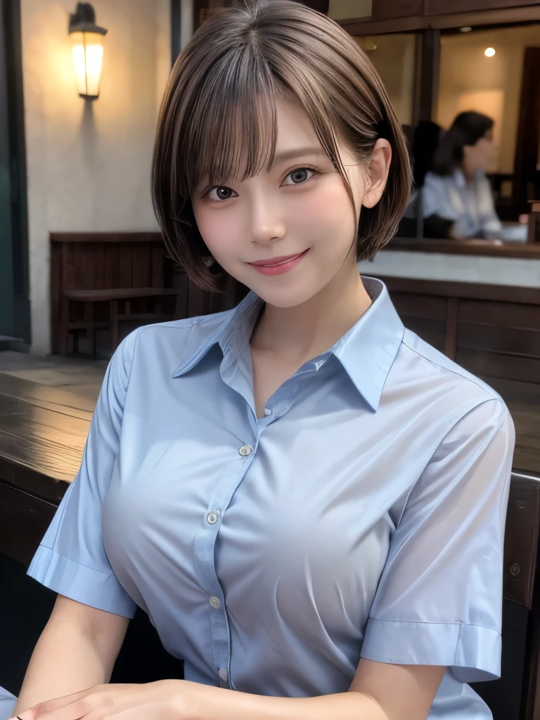 (8K, Highest quality, masterpiece: 1.2), (Realistic, Realistic: 1.37), Very detailed, 8k Raw Photo:1.5, 1 Girl, cute, alone, Beautifully detailed skies, Detailed Cafe, night, Sitting, date, Blushing cheeks), (smile: 1.15), (Close your mouth) Small breasts, Beautiful breasts, Beautiful details, (Collared shirt: 1.1), night, Wet, Business Wear, rain, White lace, (short hair: 1.2), Floating Hair NovaFrogStyle,