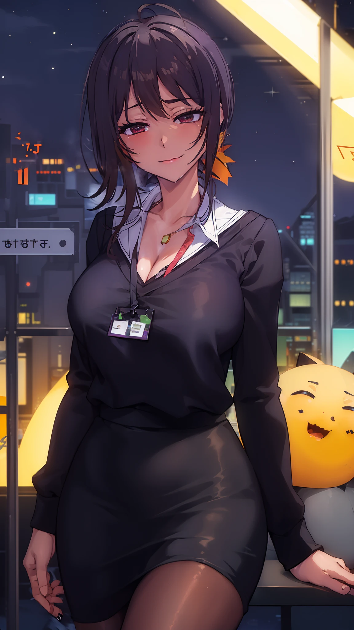 2D, masterpiece, masterpiece, Highest quality, anime, Highly detailed face, Highly detailed eyes, Highly detailed background, Perfect lighting, whole body, 1 Girl, alone, Collared shirt, Green Sweater, Black Skirt, pantyhose,Photo ID card, Embarrassing, smile, Are standing, office 、Take off、Big cleavage、 (night:1.8, 深nightの灯りが消えたOffice:1.8)