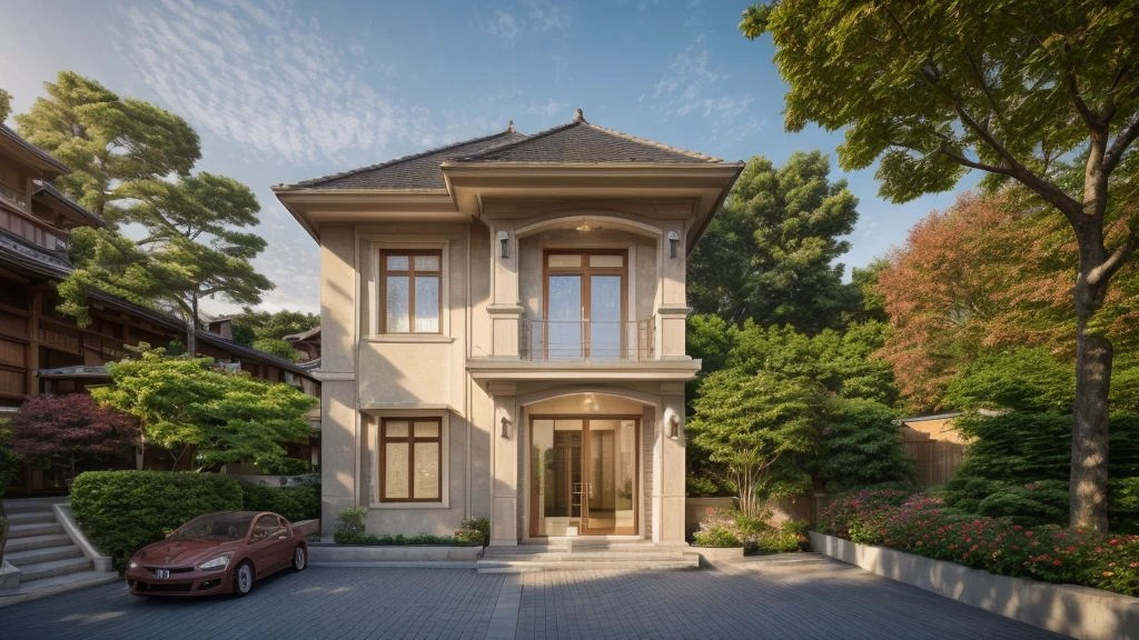 Neoclassic house, Japanese roof, slope roof, ( best quality) ((high solution)) ,(( photo realistic)) ,warm light, ,beautiful facade,curved windown,narrow and long ,two-storey,mutual colours, soft lighting, warm atmosphere,high Resolution, hyper detailed,4k ,vray render, octane render, hyper realistic, photography expert ,exterior design , professional photography, exterior photography,wide-angle shot , ultra detail , high Resolution , full frame, full body