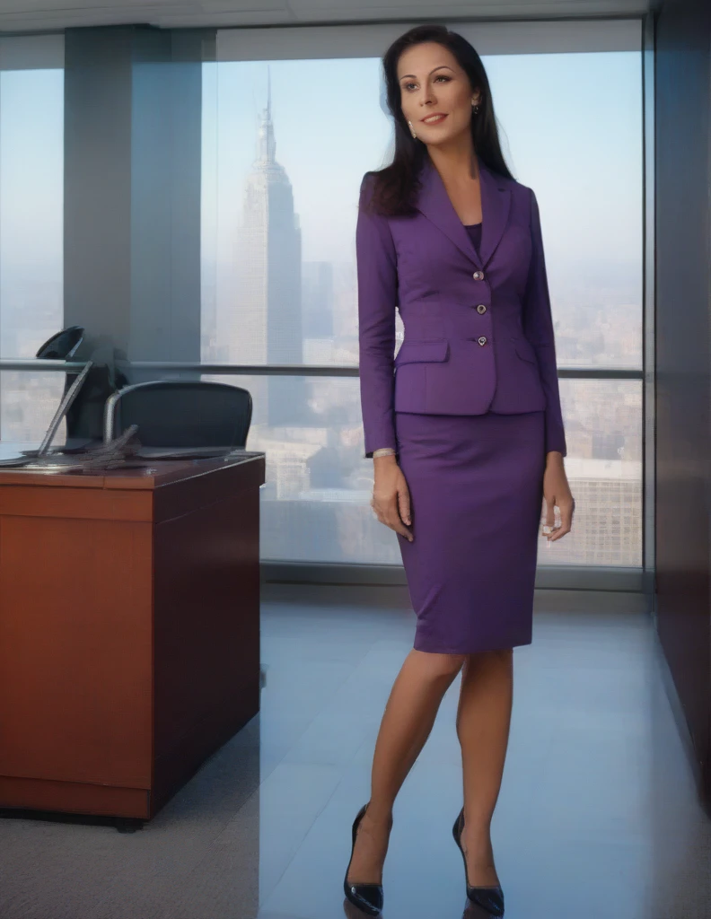 (masterpiece:1.37), best quality, (extremely detailed:1.37), office, window overlooking a bustling cityscape, woman, (mature:1.75), (very long hair:1.25), dark purple hair, purple eyes, (extremely detailed eyes:1.37) shining eyes, breasts, business suit, necktie, (very long pencil skirt:1.5), pantyhose, (wetting herself:1.5), standing, (arms crossed:1.5), (desperation:1.75), dignified, stoic expression, full body, high heels, day, daytime, glow, looking at viewer, perfect composition, Perfect light and shadow, 8K