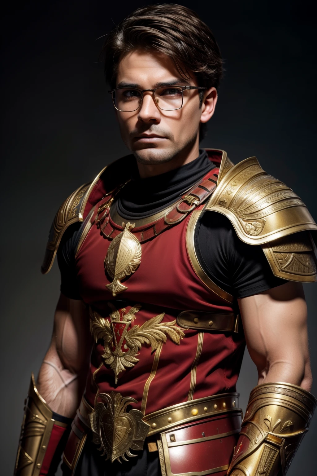 1 man, Roman gladiator, futuristic, wears glasses, (graying hair), no beard, no mustache, looks at the camera, very short hair, six pack abs,
