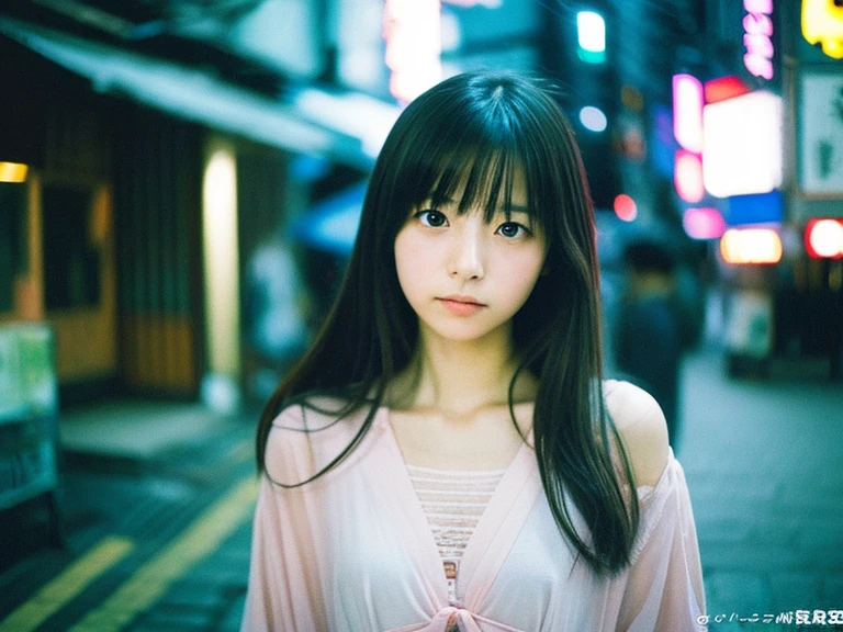 Japanese beautiful girl, Embarrassed look, figure, (Highest quality, Super detailed), front、Gentle lighting, Flowing Hair,one piece、 Delicate features, Dreamy atmosphere、Analog Film Photography、20-year-old、80'、Cyberpunk-style lo-fi animation、