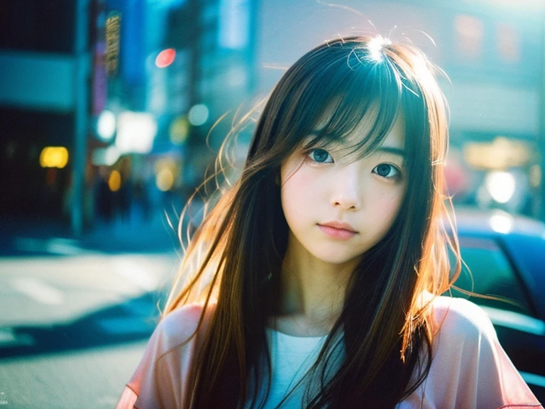 Japanese beautiful girl, Embarrassed look, figure, (Highest quality, Super detailed), front、Gentle lighting, Flowing Hair,one piece、 Delicate features, Dreamy atmosphere、Analog Film Photography、20-year-old、80'、Cyberpunk-style lo-fi animation、