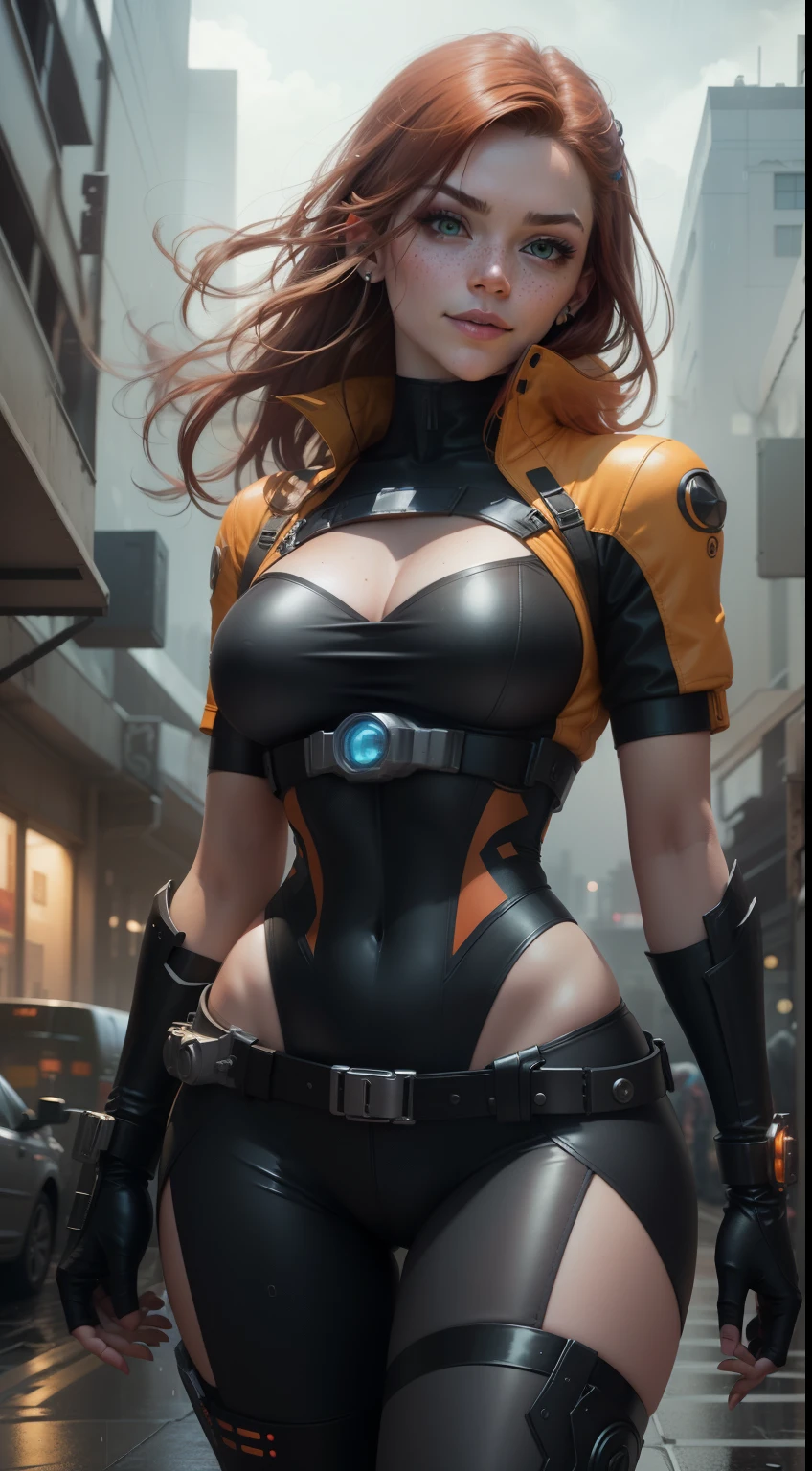 A gorgeous female mechanic with a half-shaved ginger head, cybernetic augments, wearing an unzipped orange jumpsuit revealing cleavage, mechanical hand, atompunk style, retro-futurism, gunmetal grey, blank background