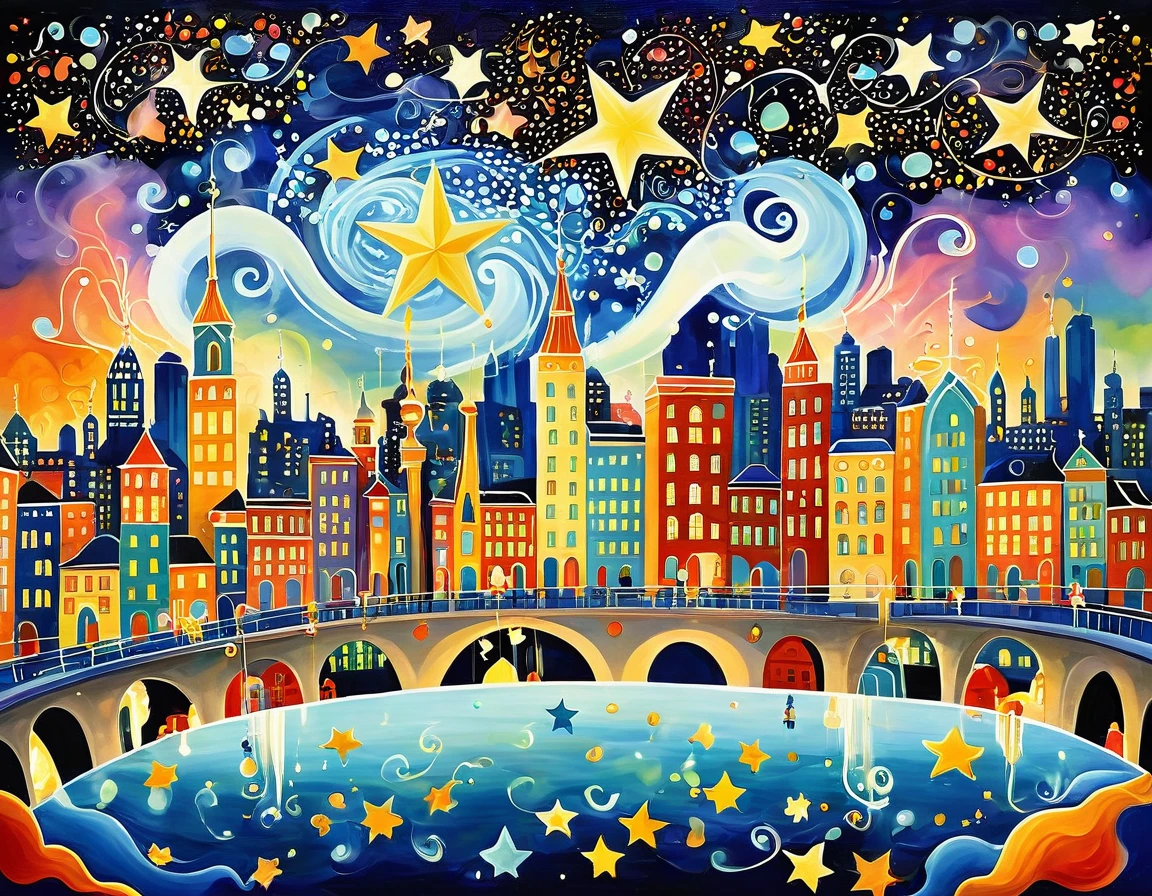 A whimsical scene with cartoonish buildings, exaggerated smoke, and comically oversized stars. The cityscape is depicted with a lighthearted touch.