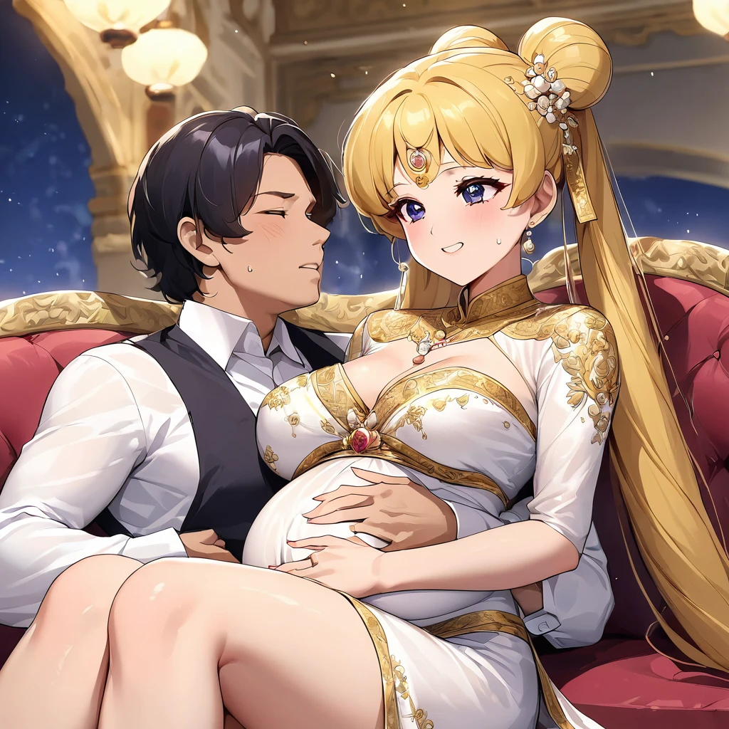 ((Highest quality)), ((masterpiece)), (detailed), (Perfect Face)、The woman is a Thai woman named Tsukino Usagi, and she is wearing a gorgeous, glittering, traditional Thai dress with gold embroidery in a Thai church, as well as gorgeous jeweled accessories and an engagement ring. The woman and the man are sitting on a luxurious, large sofa in a luxurious room, and the woman is being held in the arms of a dignified, strong, middle-aged Thai man.、The woman is the elegant Tsukino Usagi, with long blonde hair in a chignon twin tail. The woman is a Thai girl wearing a gorgeous Thai bridal dress.、the woman is pregnant