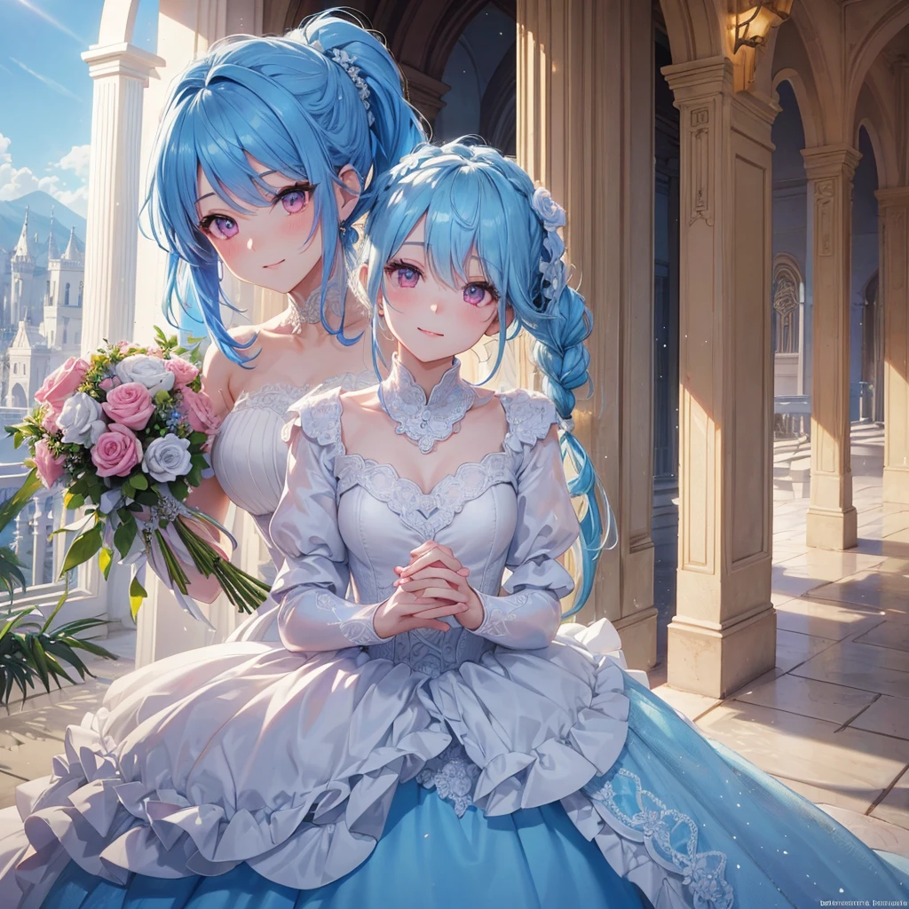 Sky blue hair, (Braided Ponytail),(Pink Eyes),Fair skin ,(whole body),(One girl),bride,A big smile,Straight bangs, 6月のbride,Wedding dress,(masterpiece, Highest quality, Very detailed, Best Shadow), (Detailed Background), (Beautifully detailed face), High Contrast, (Best lighting, Very delicate and beautiful), ((Cinematic Light)), colorful, Hyper Detail, Dramatic Light, Intricate details,Chapel background,Bouquet of roses,Ring on left ring finger,