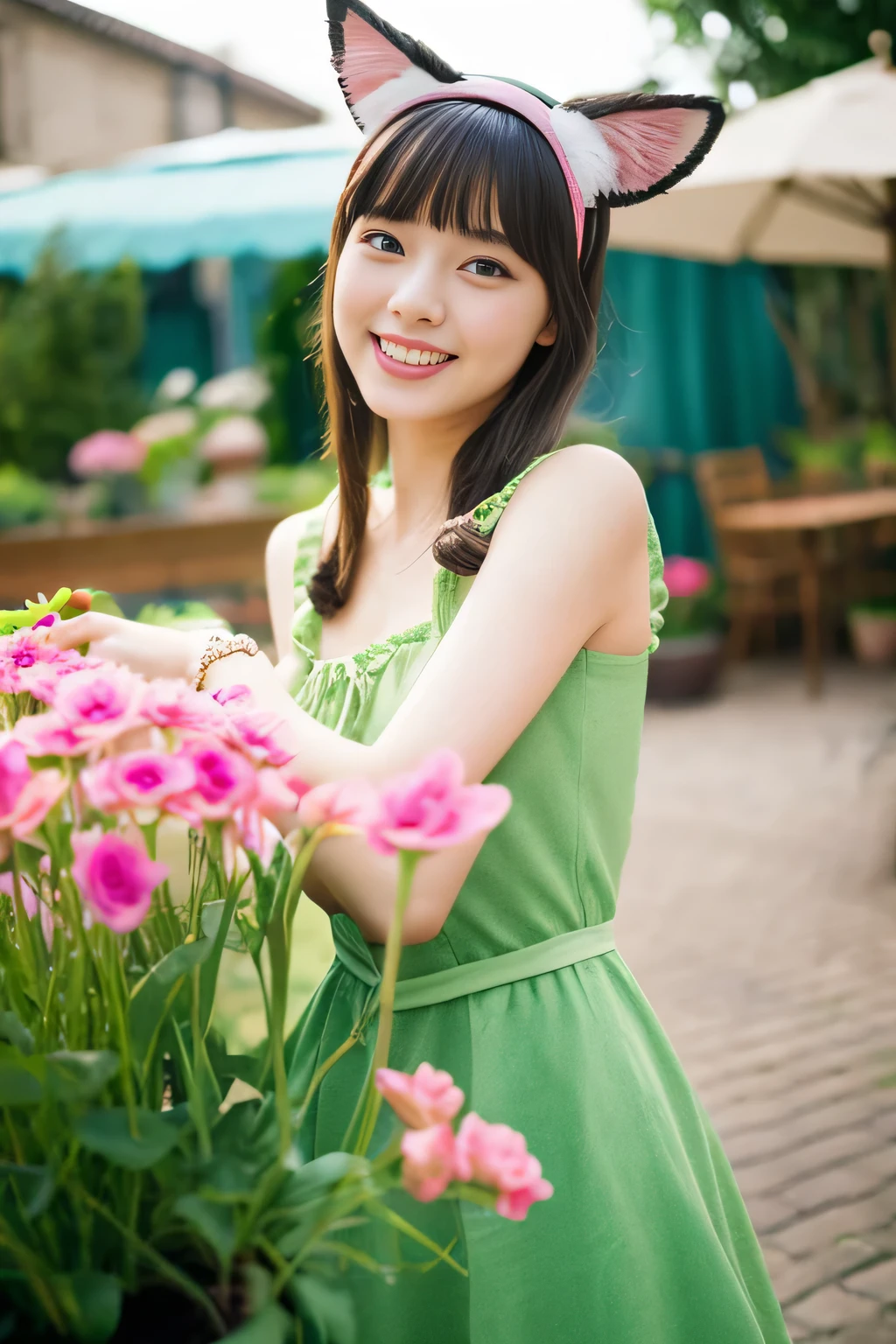 top-quality、8k picture、1girl in, :D, Bangs, black hairband, Blonde hair, Blurry, Blurry background, depth of fields, Dress, flower, flower pots, frilly dress, frilld, Pulling up a dress、No underwear、Green dress, Green eyes, shairband, Holding, Short hair, Open mouth, pink flowers, plant, potted plant, sketch, Sleeveless, Sleeveless dress, Smile, Solo, Wrist cuffs, yellow flower, 1980s (Style)