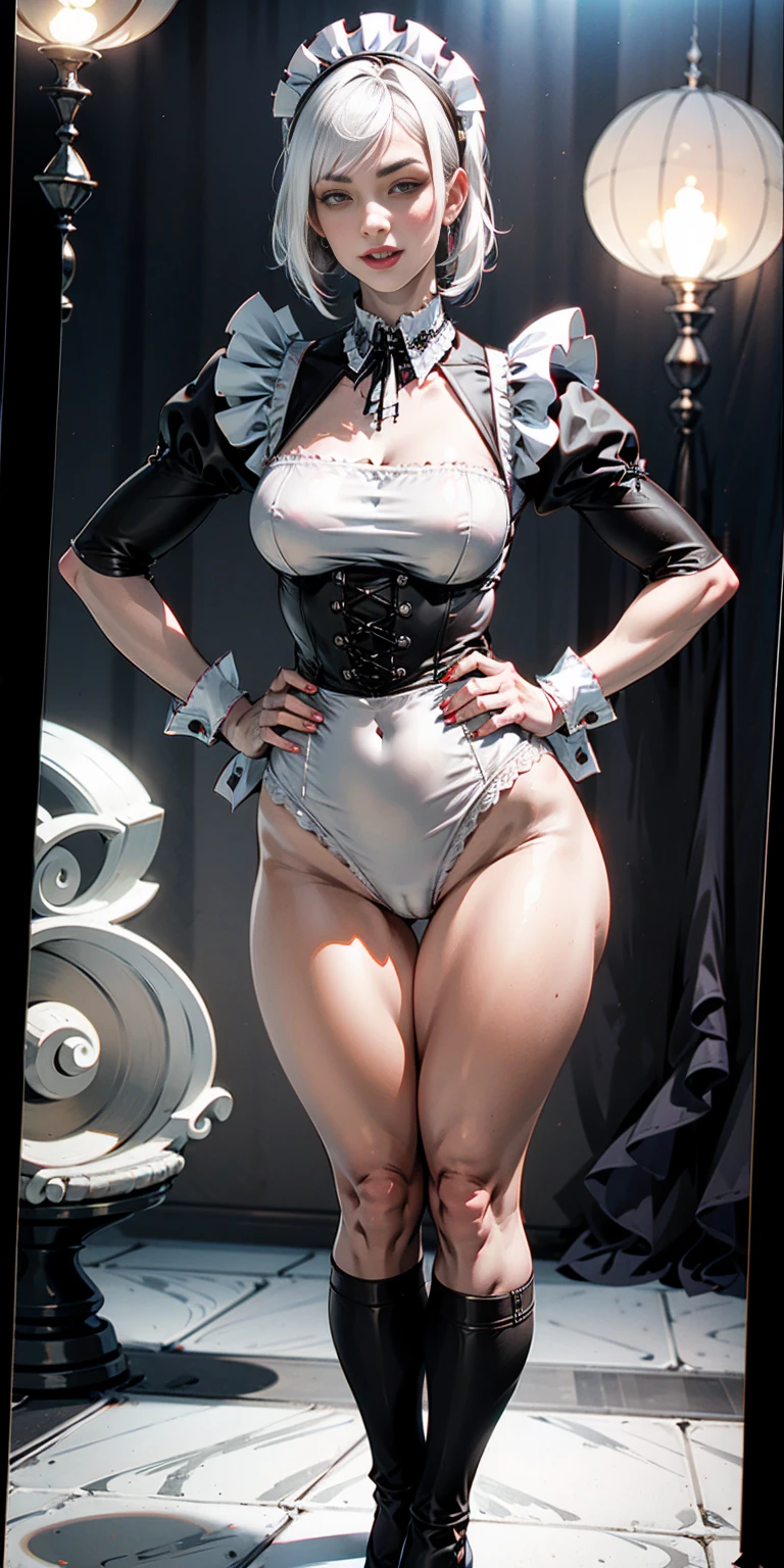 From a low angle, we see Tiffany Towers, a confident single mom. Her short, white hair is styled in a bob, and her eyes are narrowed slightly. She has a slender figure with thin legs, but a hint of wider hips adds a touch of curvaceousness. Clad in a Victorian maid outfit, complete with a leather collar, she stands with her hands firmly on her hips, radiating a sense of self-assured beauty.