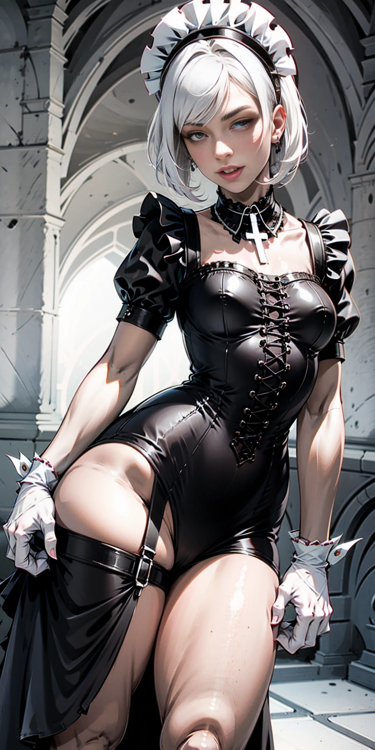 From a low angle, we see Tiffany Towers, a confident single mom. Her short, white hair is styled in a bob, and her eyes are narrowed slightly. She has a slender figure with thin legs, but a hint of wider hips adds a touch of curvaceousness. Clad in a Victorian maid outfit, complete with a leather collar, she stands with her hands firmly on her hips, radiating a sense of self-assured beauty.