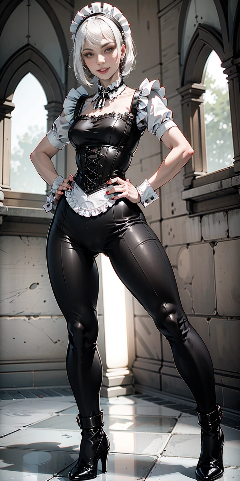 From a low angle, we see Tiffany Towers, a confident single mom. Her short, white hair is styled in a bob, and her eyes are narrowed slightly. She has a slender figure with thin legs, but a hint of wider hips adds a touch of curvaceousness. Clad in a Victorian maid outfit, complete with a leather collar, she stands with her hands firmly on her hips, radiating a sense of self-assured beauty.