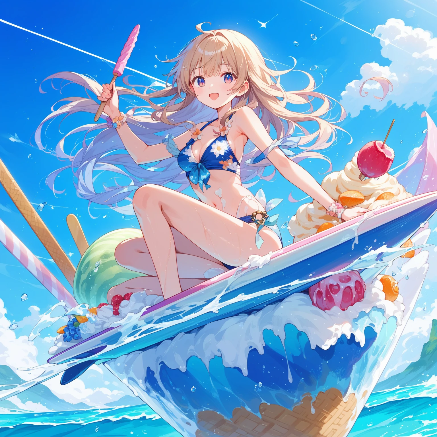 score_9, score_8_up, score_7_up, source_anime,masterpiece, best quality, high resolution, extremely detailed CG, absurdres, highres, 1girl, solo, a girl in swimsuit surfing with a surfboard on top of ice-cream, soft cream,fruits, summer,happy,creamxl