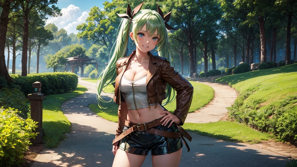 1girl, solo, full body, summer, village, trees, sun, clouds, fantasy, medieval, ((pale green hair)), twintail, large breasts, ((brown leather jacket)), brown leather shorts, ((leather clothes)), cleavage 1:3, blue eyes, skirt, grin, looking at the viewer, standing, hair ribbon, golden necklate, hand on hip