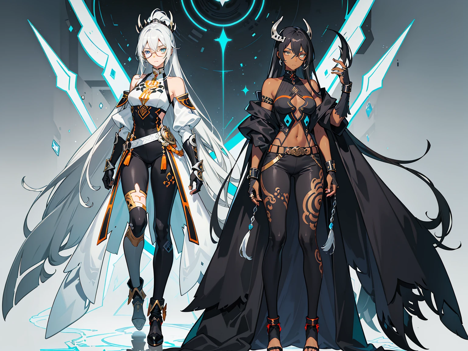 (((conceptual artwork))), (((one caracter))), female, (((darkskin)))), Black hair with ponytail, clear blue eyes, Round glasses with slightly dark lenses, this lens being orange, and the Light Blue frame, ((Black metallic gauntlets and greaves with silver and silver details)), (((The clothes have a mix of modern and tribal))), (((The clothes have a mix of modern and tribal))), mainly black in color, but having silver pieces, Shoulders exposed, on the hip are black pants that extend to half the thigh.
