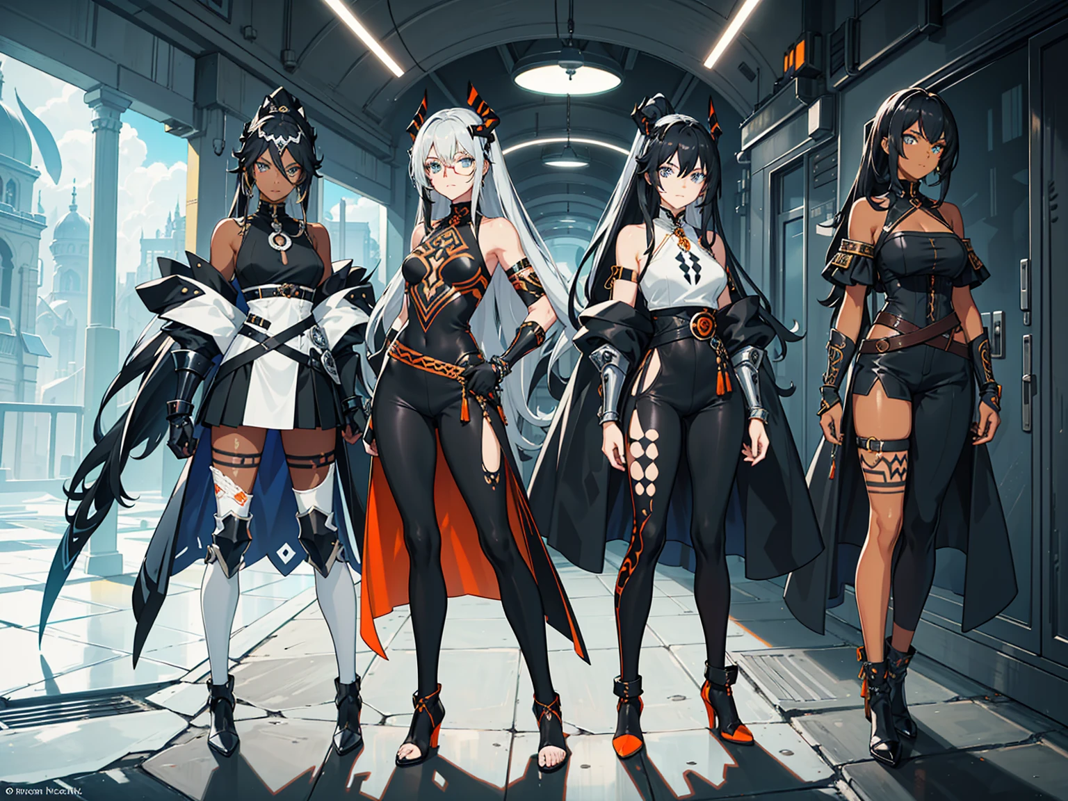 (((conceptual artwork))), (((one caracter))), female, (((darkskin)))), Black hair with ponytail, clear blue eyes, Round glasses with slightly dark lenses, this lens being orange, and the Light Blue frame, ((Black metallic gauntlets and greaves with silver and silver details)), (((The clothes have a mix of modern and tribal))), (((The clothes have a mix of modern and tribal))), mainly black in color, but having silver pieces, Shoulders exposed, on the hip are black pants that extend to half the thigh.