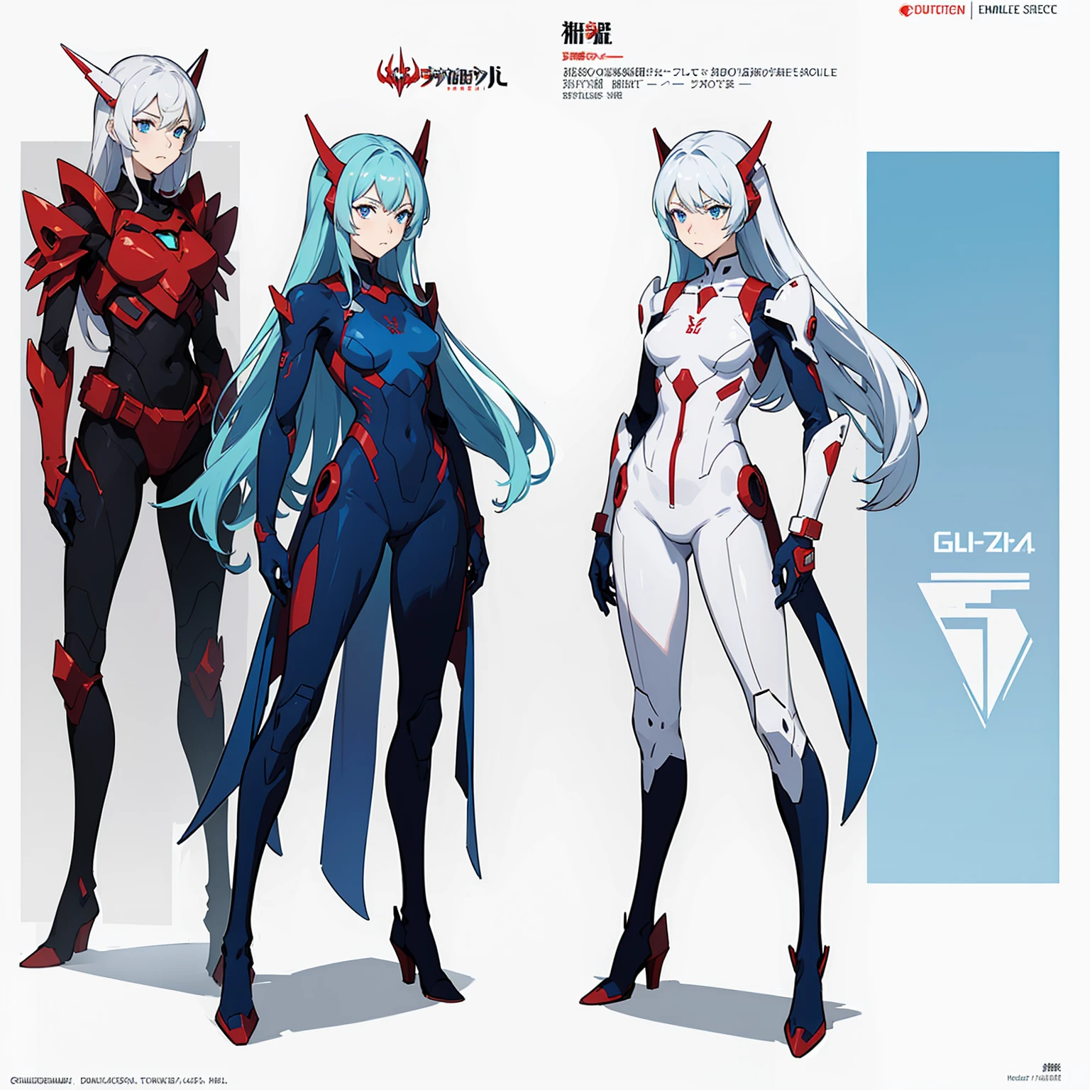 (((full body photo))), red blue and white color, femboy wearing a lightly armoured body suit, sci-fi themes, chest armour, gundam, best quality, arte oficial, Sketch line diagram, eye blue, front view, back view, and side view of character, long hair