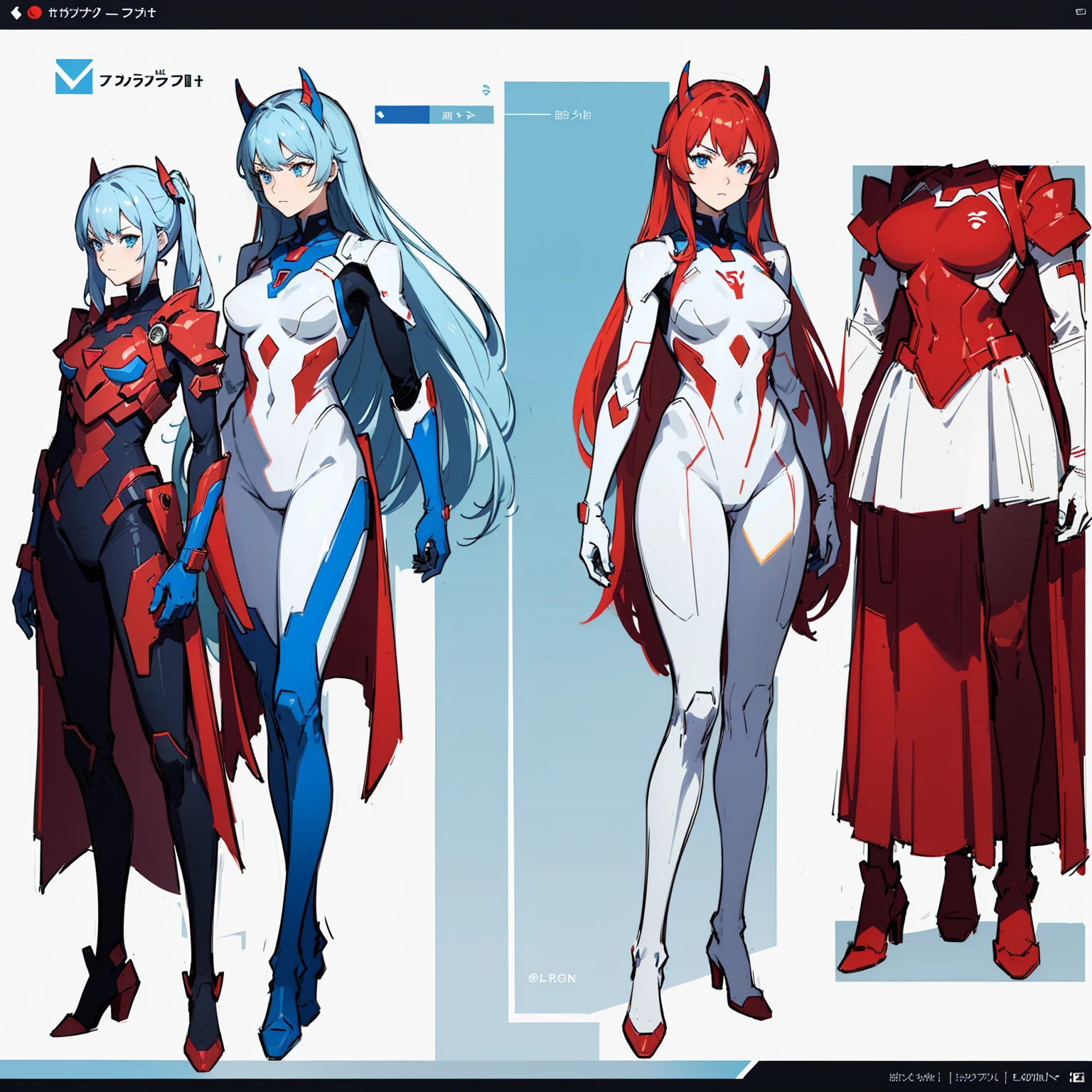 (((full body photo))), red blue and white color, femboy wearing a lightly armoured body suit, sci-fi themes, chest armour, gundam, best quality, arte oficial, Sketch line diagram, eye blue, front view, back view, and side view of character, long hair