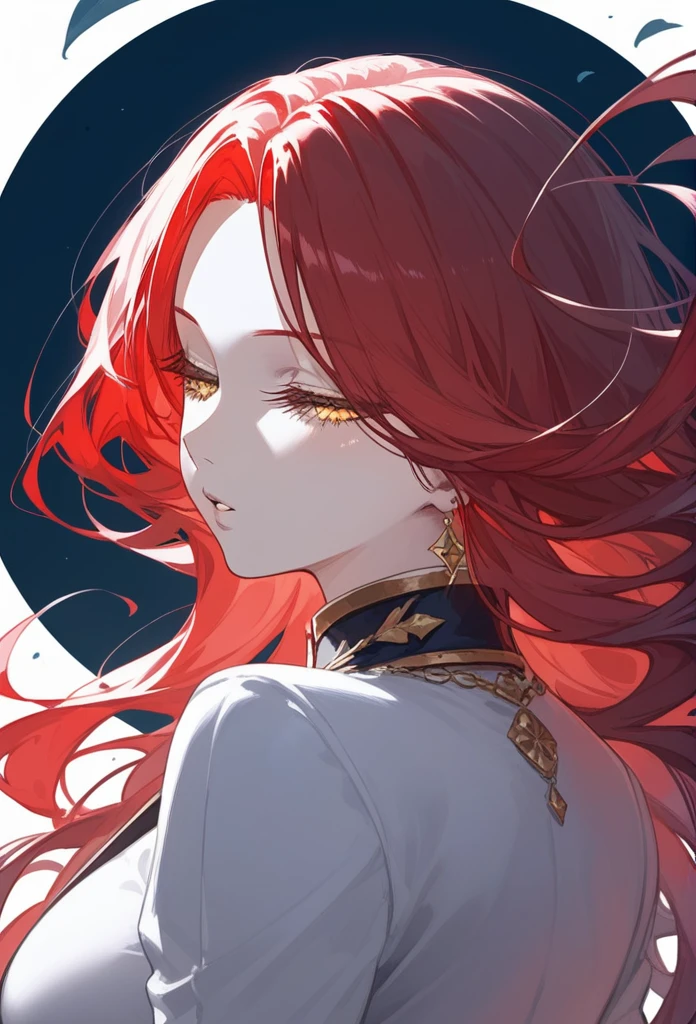masterpiece, Score_9, Score_8_up, Score_7_up, rear view, 1 woman, alone, red hair, long straight hair, long parted bangs, golden eyes, slanted half-closed eyes, parted lips, expressionless, pale skin, large breasts, top body, upper body
Long open bangs, with a mole under the mouth,No bangs, layered hair.