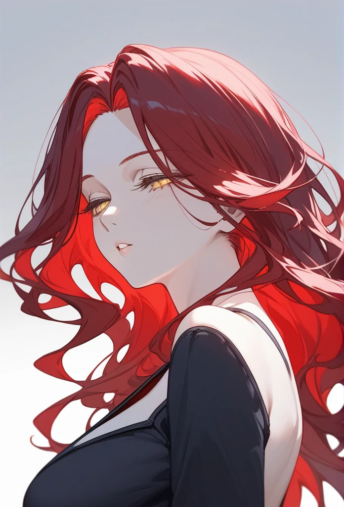masterpiece, Score_9, Score_8_up, Score_7_up, rear view, 1 woman, alone, red hair, long straight hair, long parted bangs, golden eyes, slanted half-closed eyes, parted lips, expressionless, pale skin, large breasts, top body, upper body
Long open bangs, with a mole under the mouth,No bangs, layered hair.