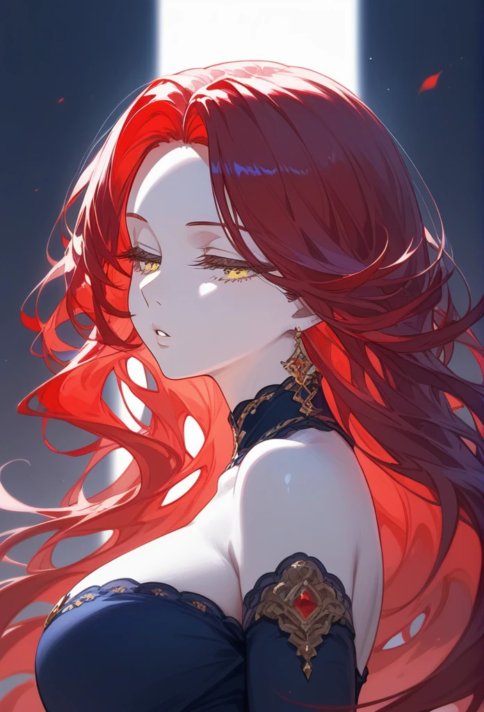 masterpiece, Score_9, Score_8_up, Score_7_up, rear view, 1 woman, alone, red hair, long straight hair, long parted bangs, golden eyes, slanted half-closed eyes, parted lips, expressionless, pale skin, large breasts, top body, upper body
Long open bangs, with a mole under the mouth,No bangs, layered hair.