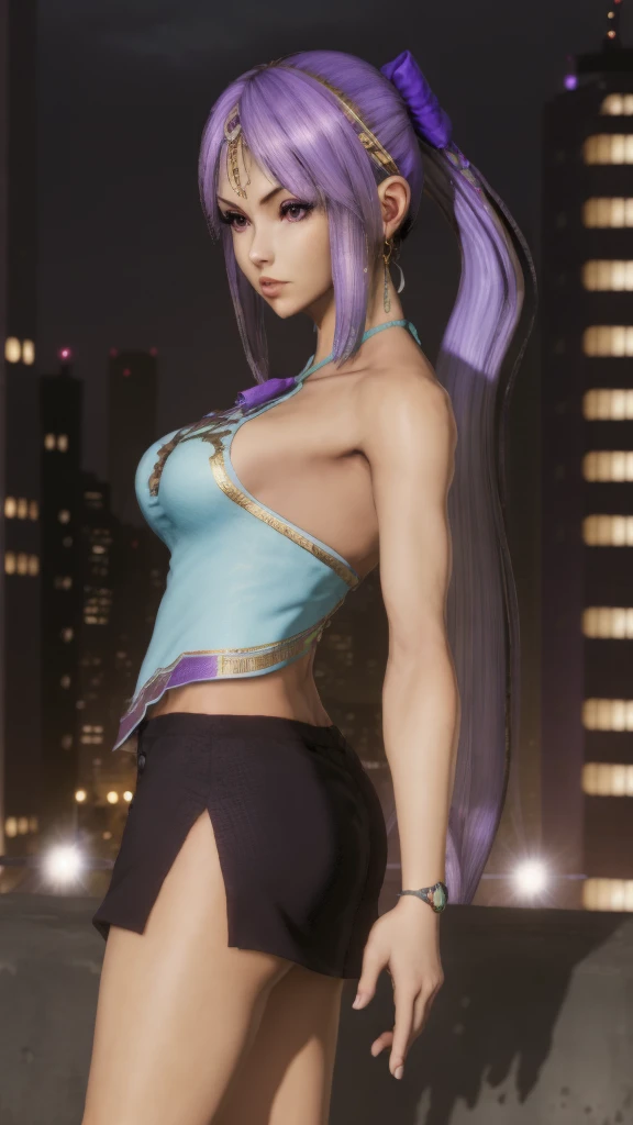 1 Girl,Solitary,,Purple Hair,Fingerless gloves,Long hair,Headband,star Hair accessories,Purple Eyes,earrings,skirt,Jewelry,Chinese clothes,Hair accessories,Lips,Looking at the audience,city View,night,Hands on Hips,Cowboy shooting，Perfect legs，High heel